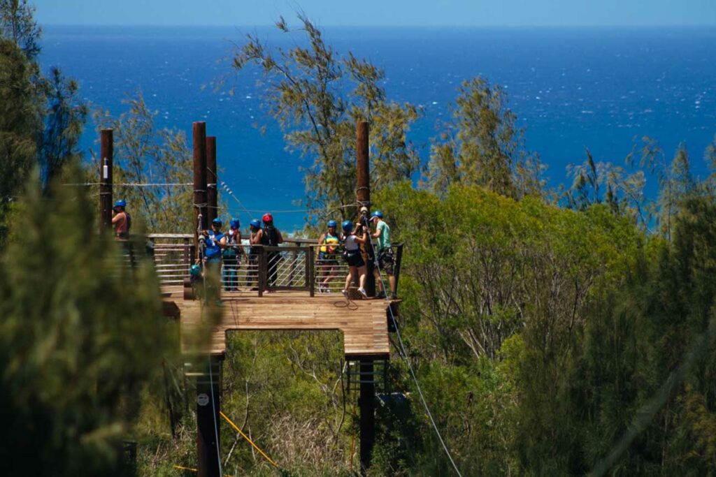 Guests are being received on a zipline platform with a view of the ocean