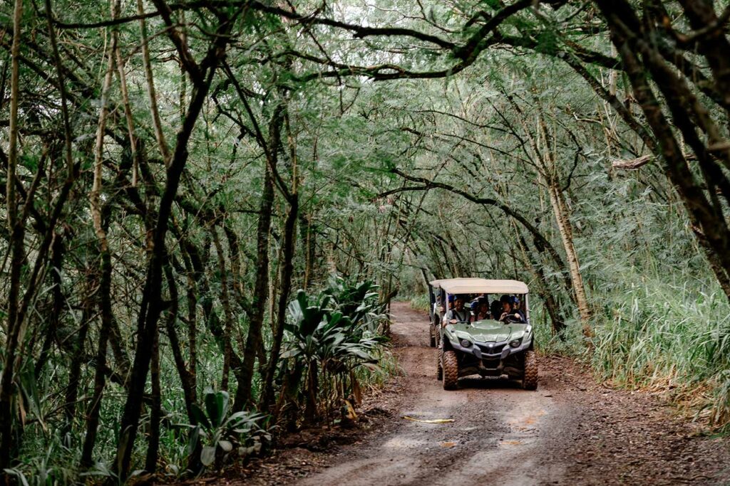 Guests are driven through jungle terrain on UTVs to the top of the CLIMB Works zipline course