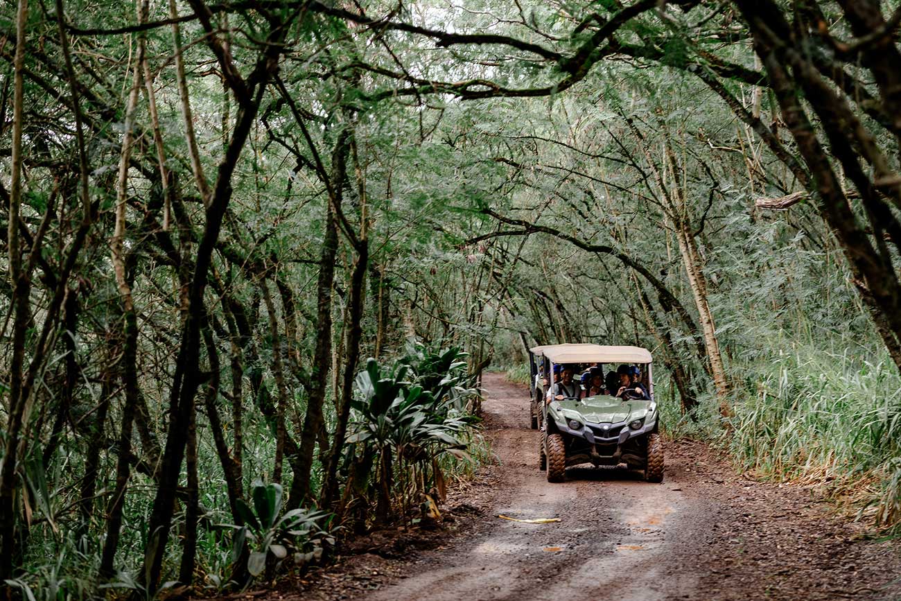 Guests are driven through jungle terrain on UTVs to the top of the CLIMB Works zipline course