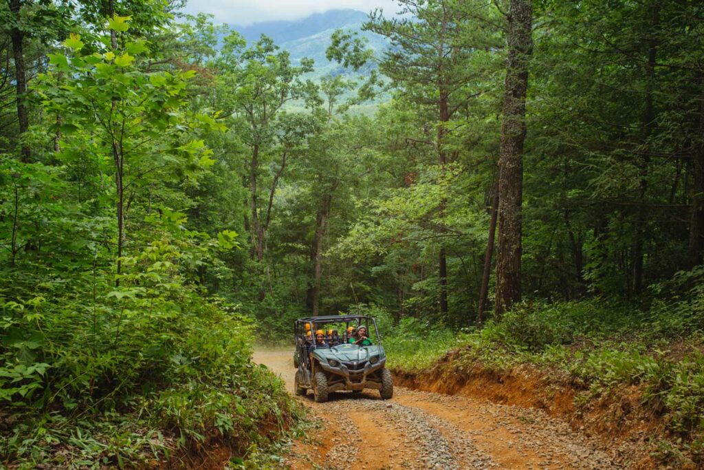 A UTV climbs through the forest hills in the Great Smoky Mountains