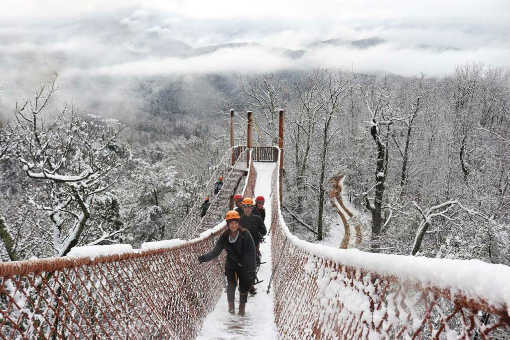 Guest cheerfully climb the snow-capped mountains of the Smokies in winter on a skybridge